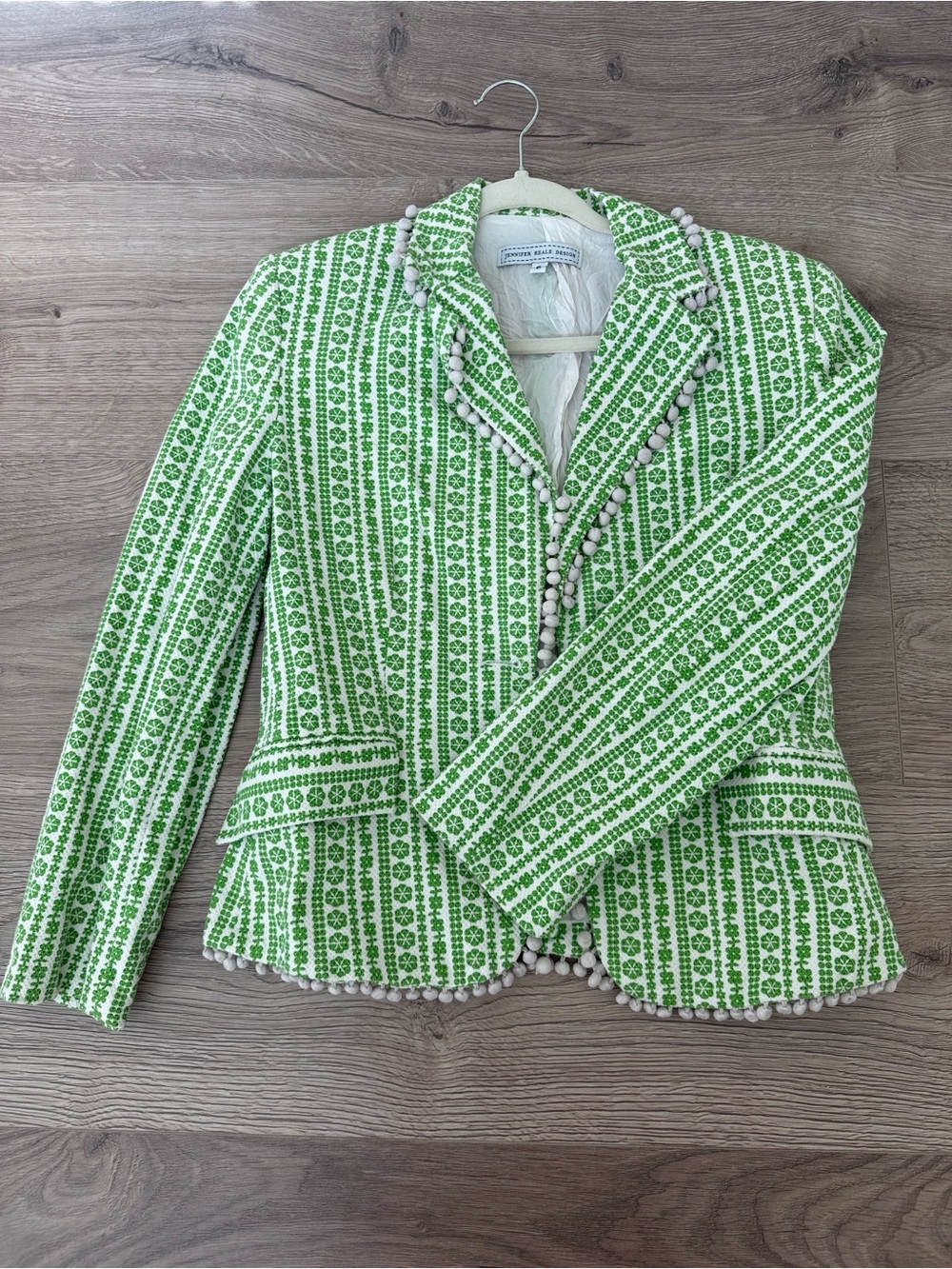 Green Patterned Pom-Pom Trim Blazer